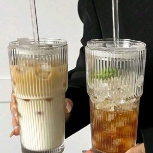 1pc Transparent Glass Cup With Striped Pattern Lid And Straw