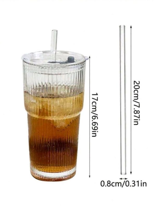 1pc Transparent Glass Cup With Striped Pattern Lid And Straw