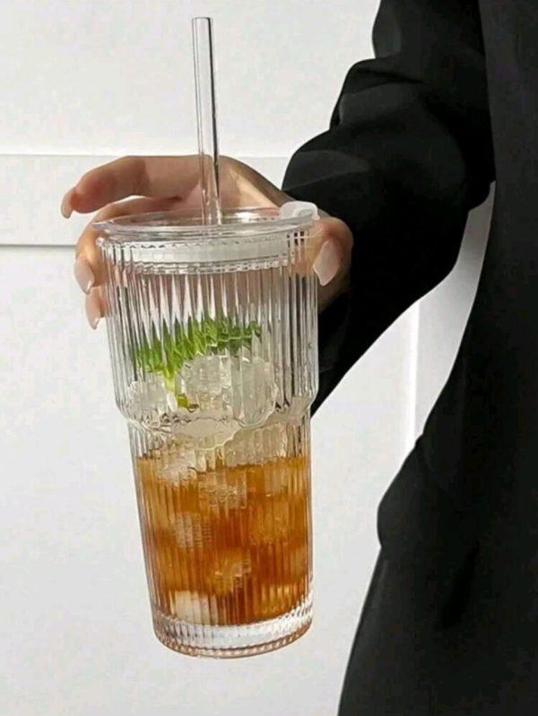 1pc Transparent Glass Cup With Striped Pattern Lid And Straw