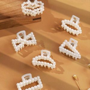 6pcs Women Faux Pearl Heart & Bow Design Elegant Hair Claw