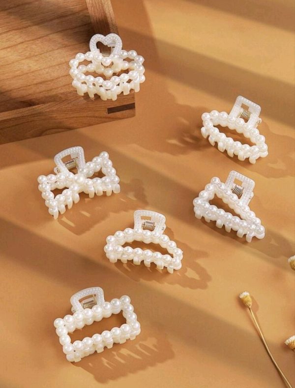 6pcs Women Faux Pearl Heart & Bow Design Elegant Hair Claw