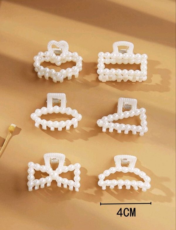 6pcs Women Faux Pearl Heart & Bow Design Elegant Hair Claw
