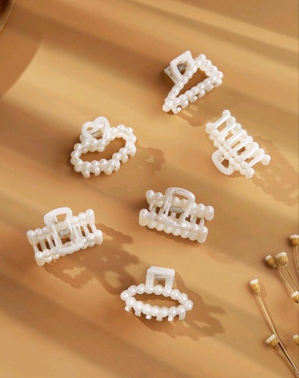 6pcs Women Faux Pearl Heart & Bow Design Elegant Hair Claw
